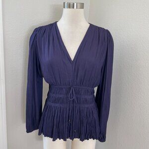 White House Black Market Womens Small Purple Smocked Waist Blouse Long Sleeve